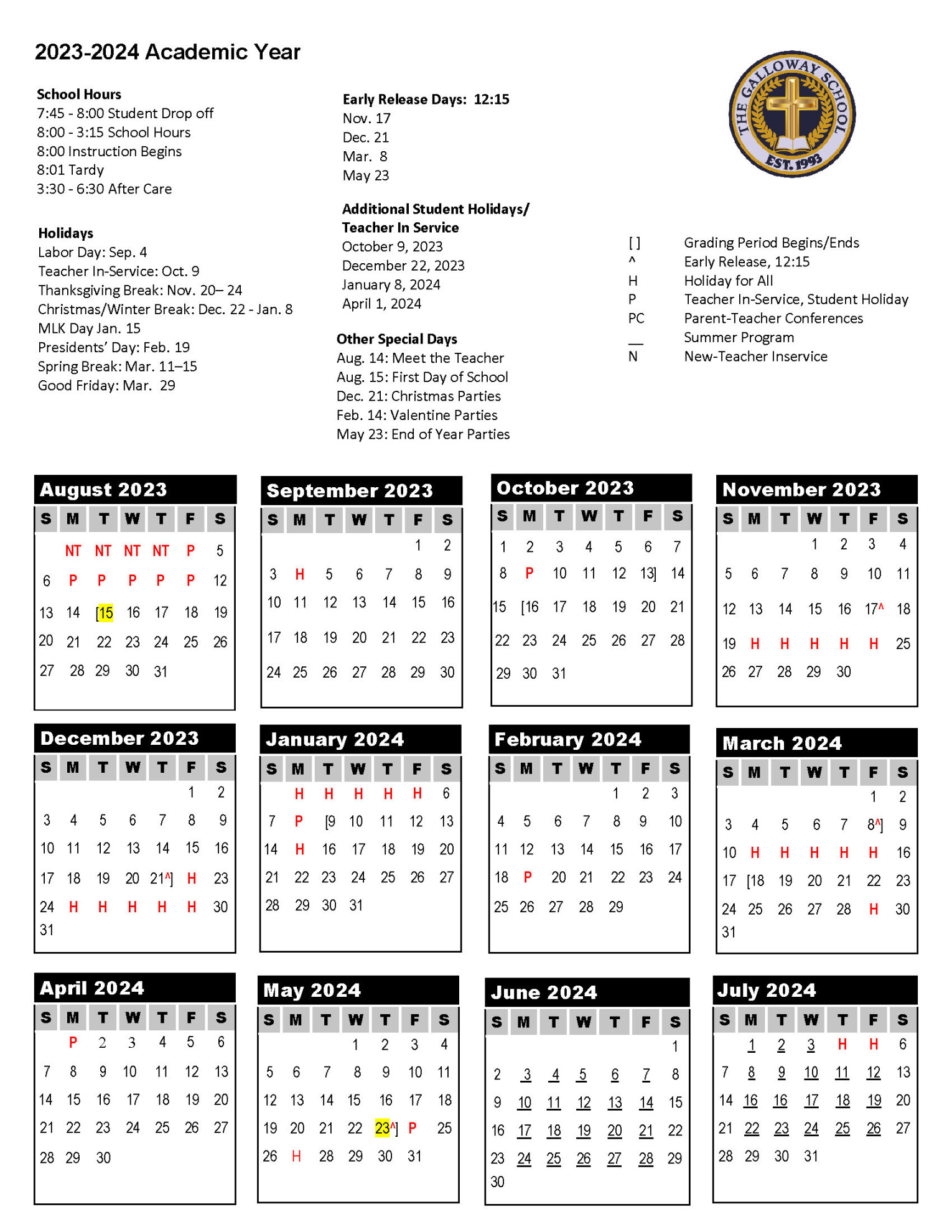 Calendars  The Galloway School