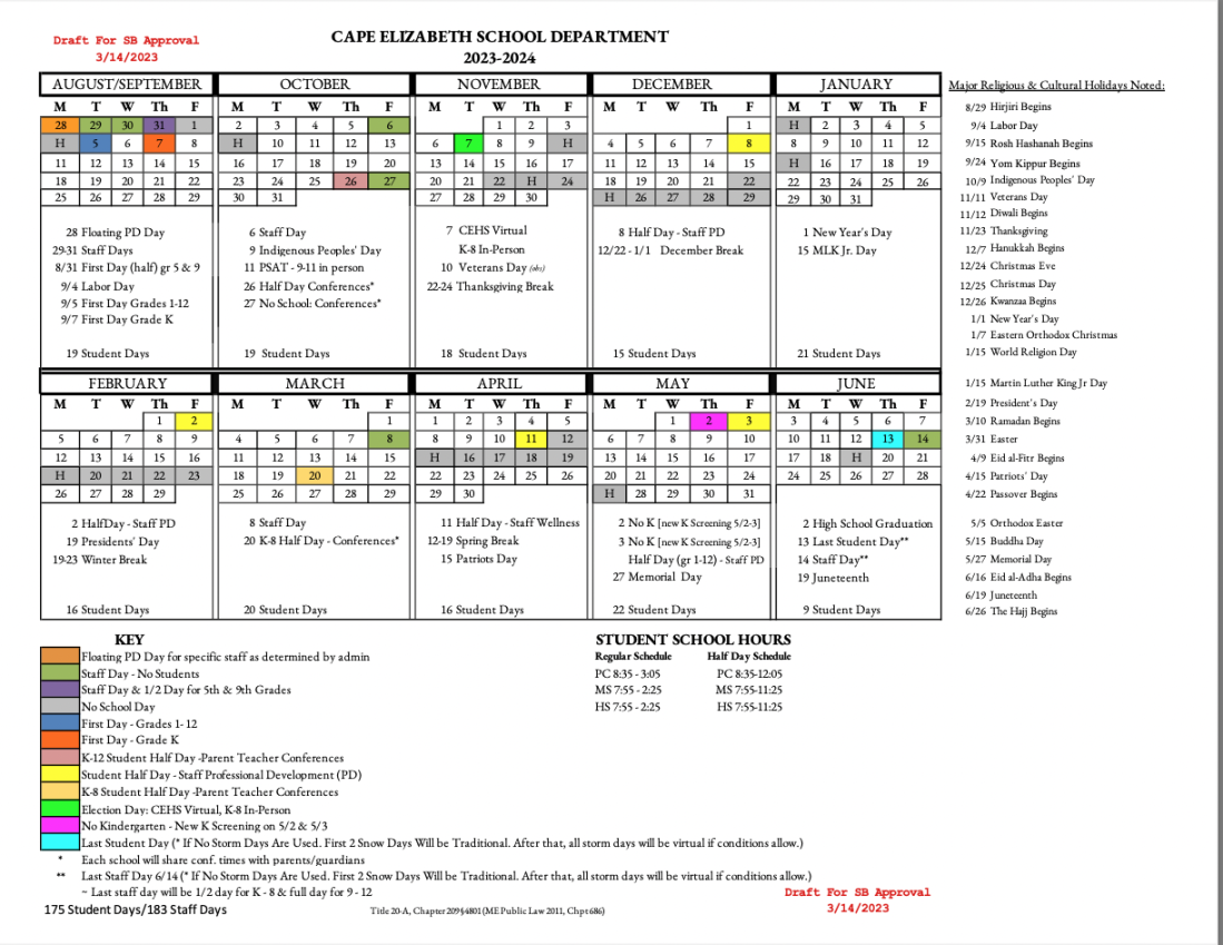 Cape Elizabeth School Department Calendar for - approved