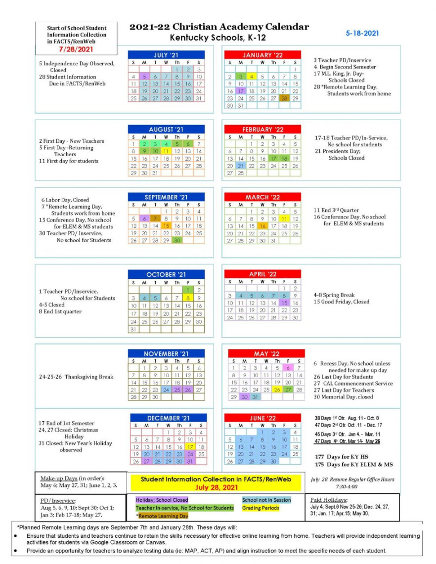 Faith Family Academy Calendar