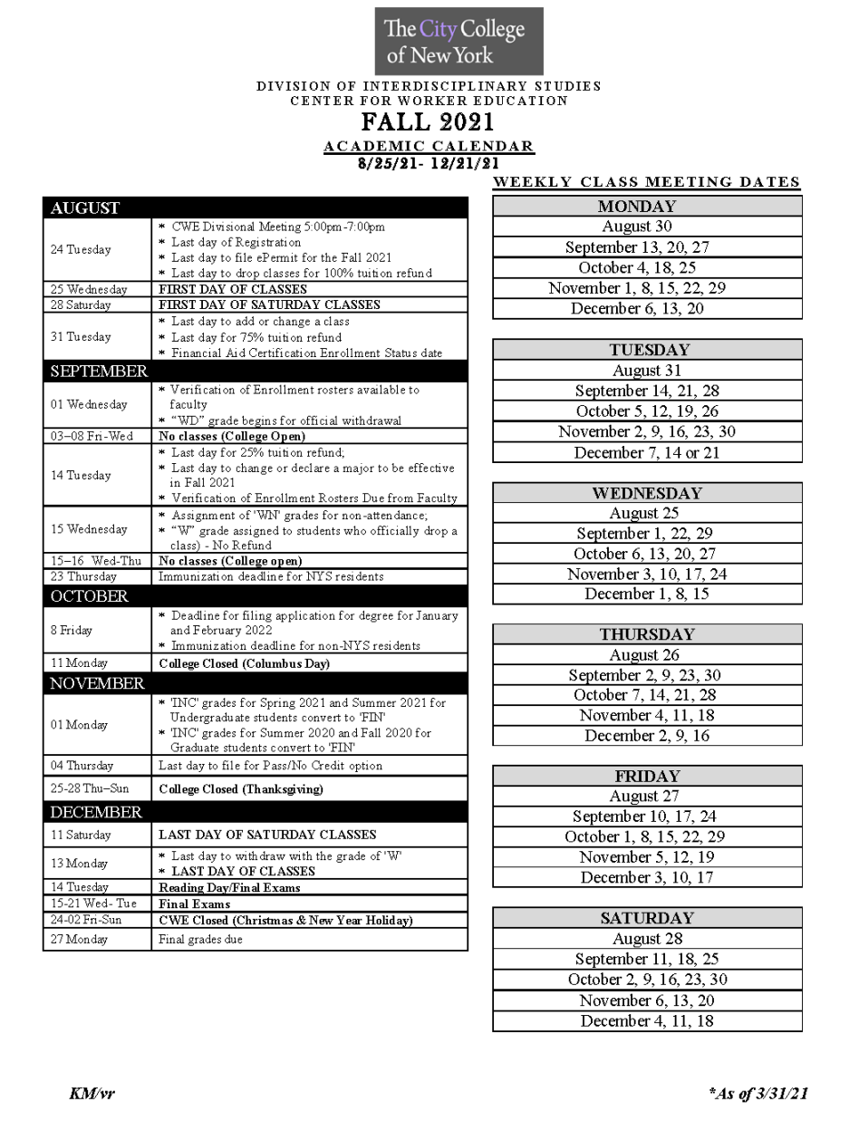 Fall  Academic Calendar  The City College of New York