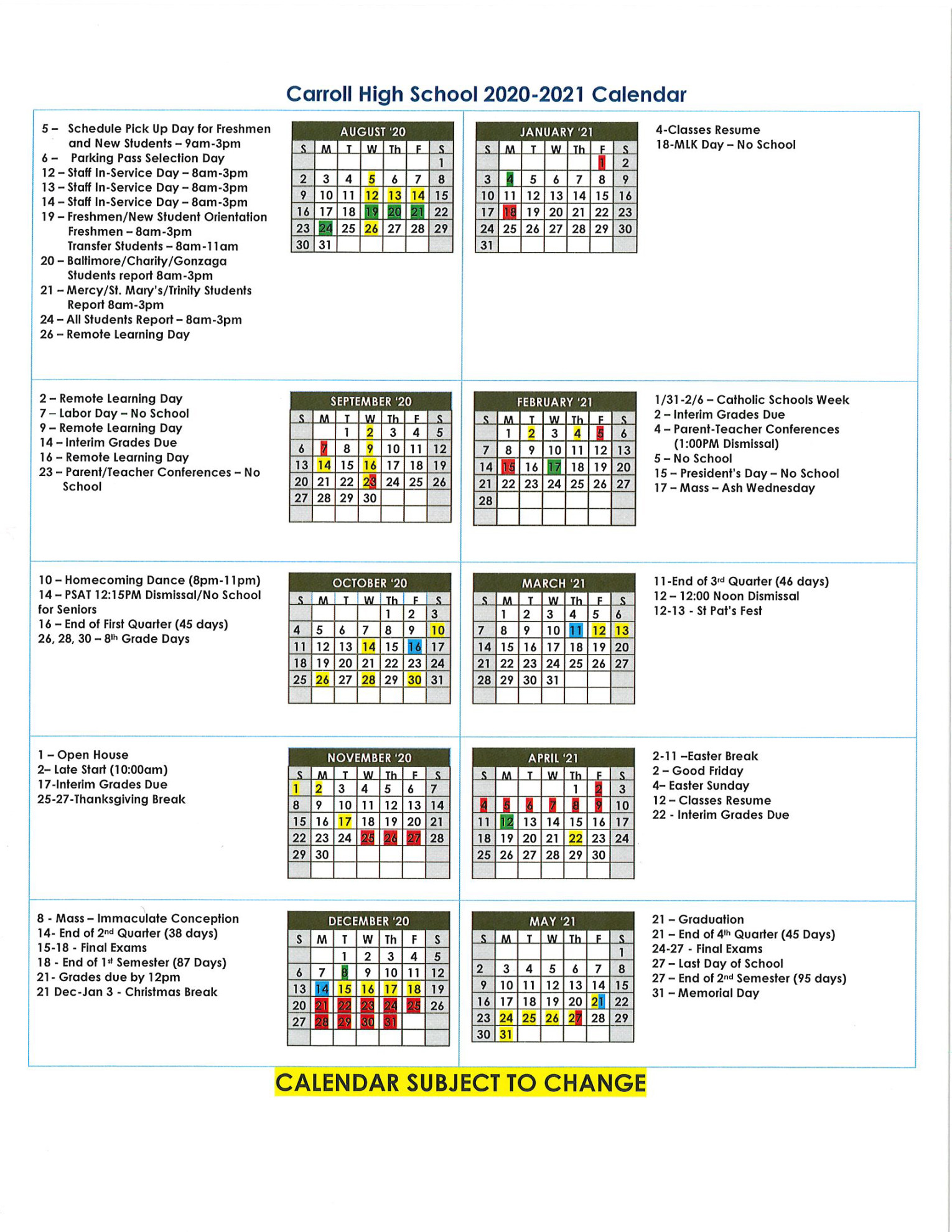 John Carroll University Academic Calendar