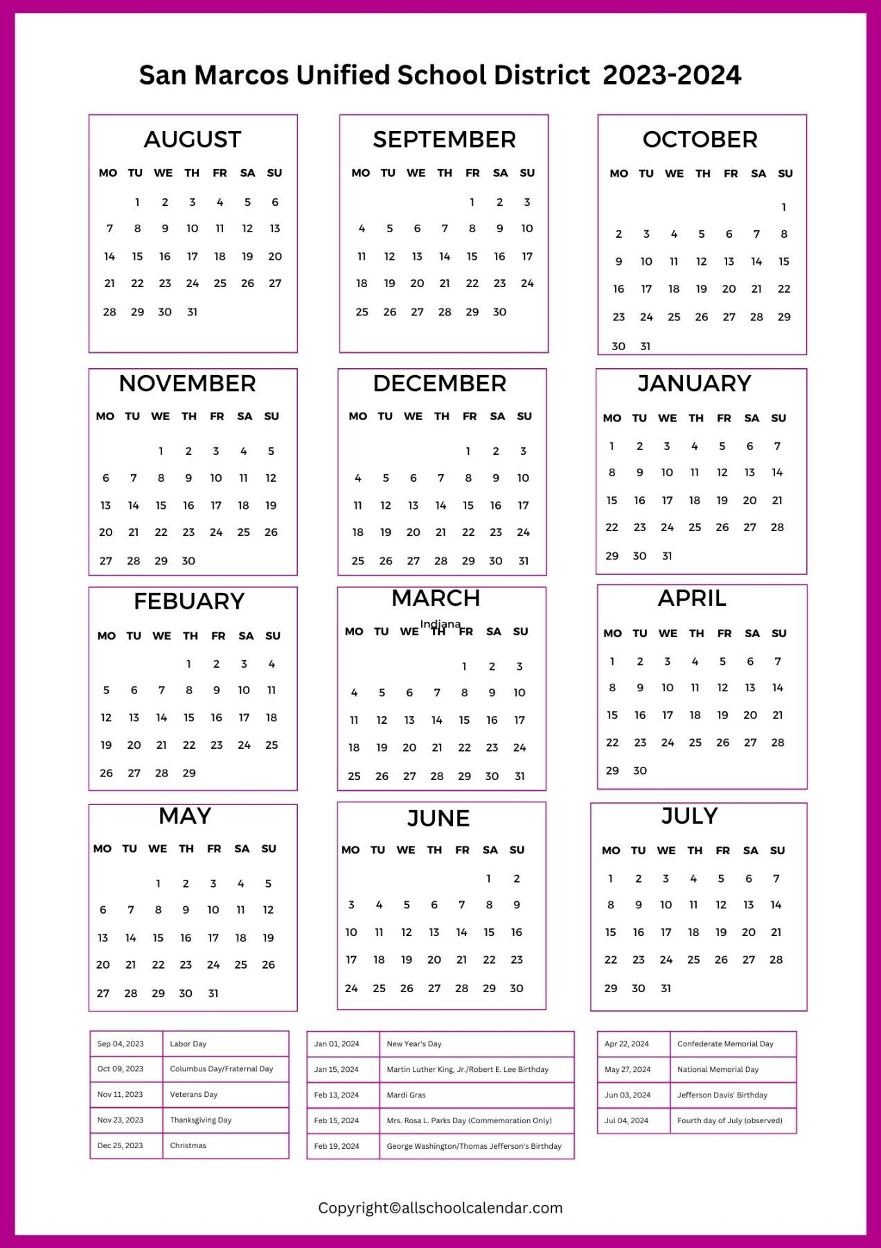 San Marcos Unified School District Calendar -