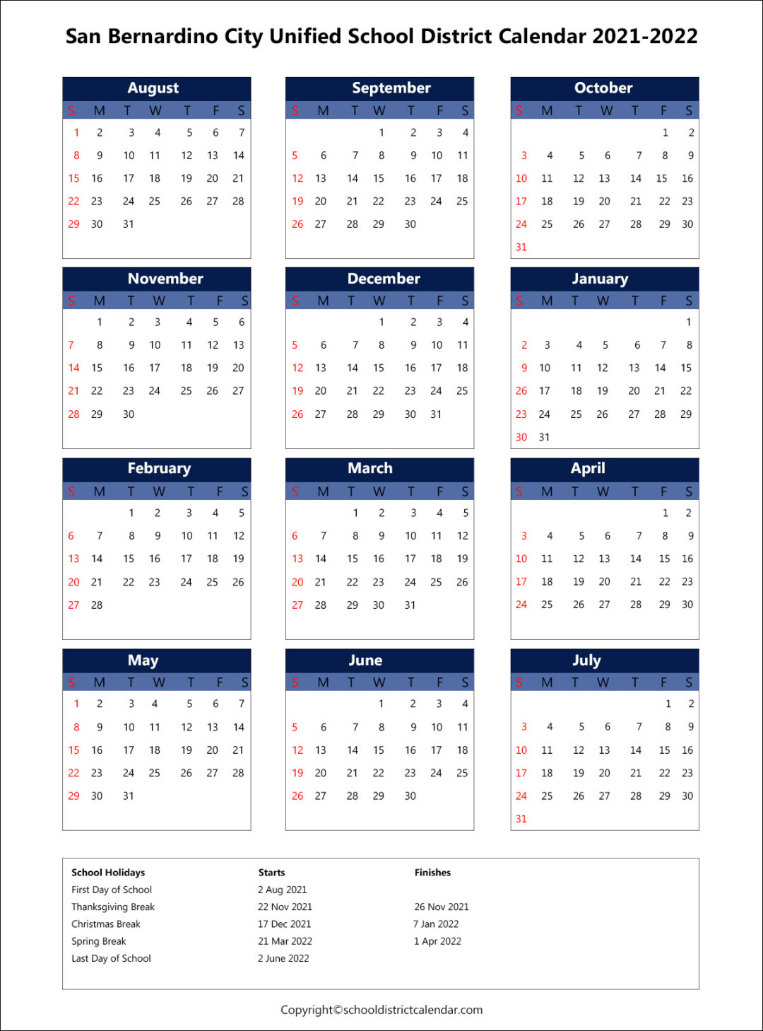 school calendar for San Bernardino City Unified School District