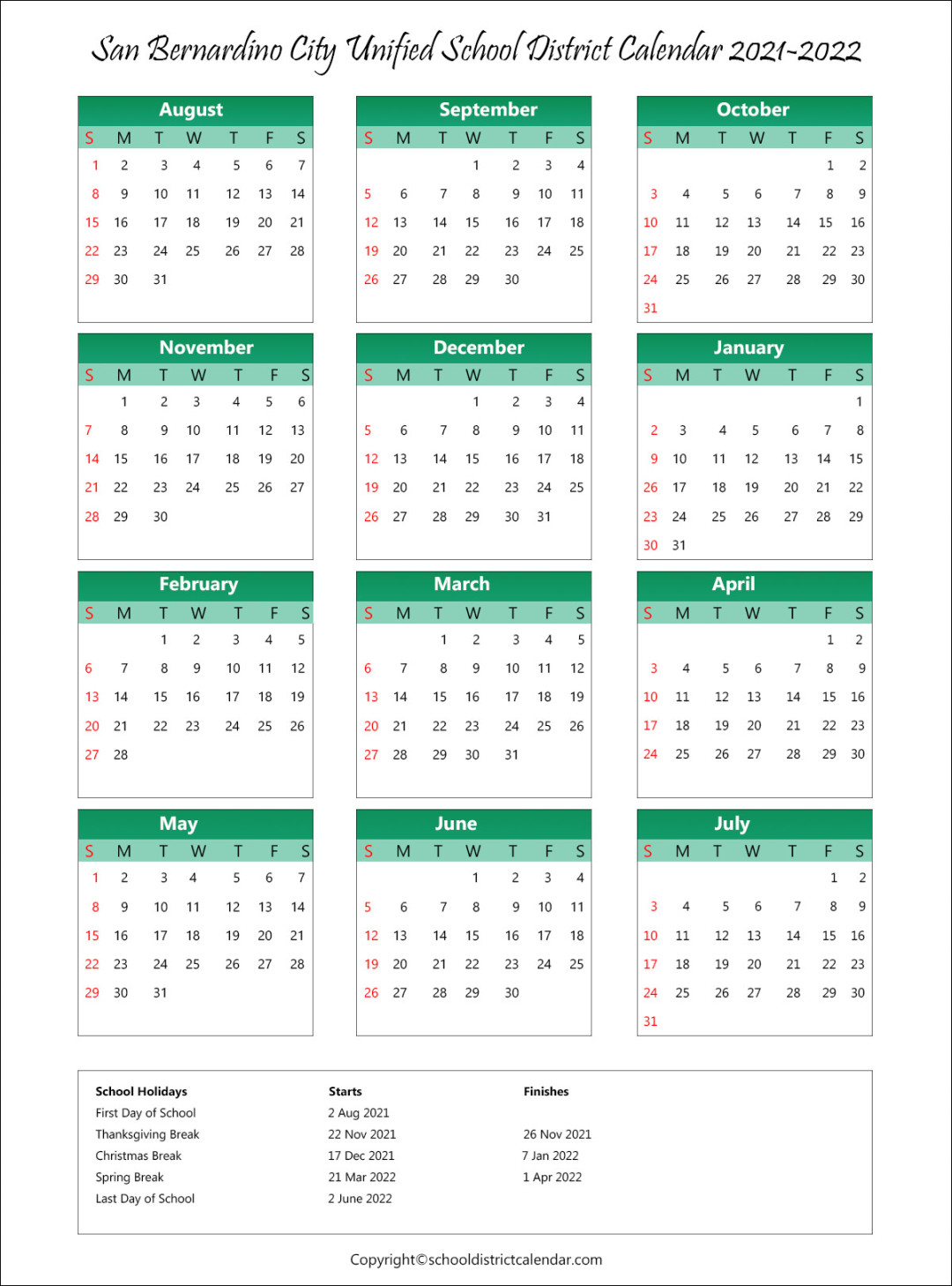 school calendar for San Bernardino City Unified School District