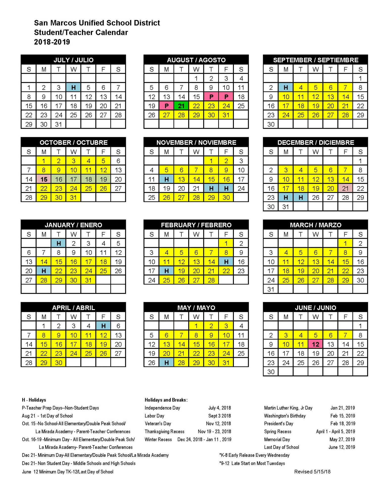 School Calendar - San Marcos High School