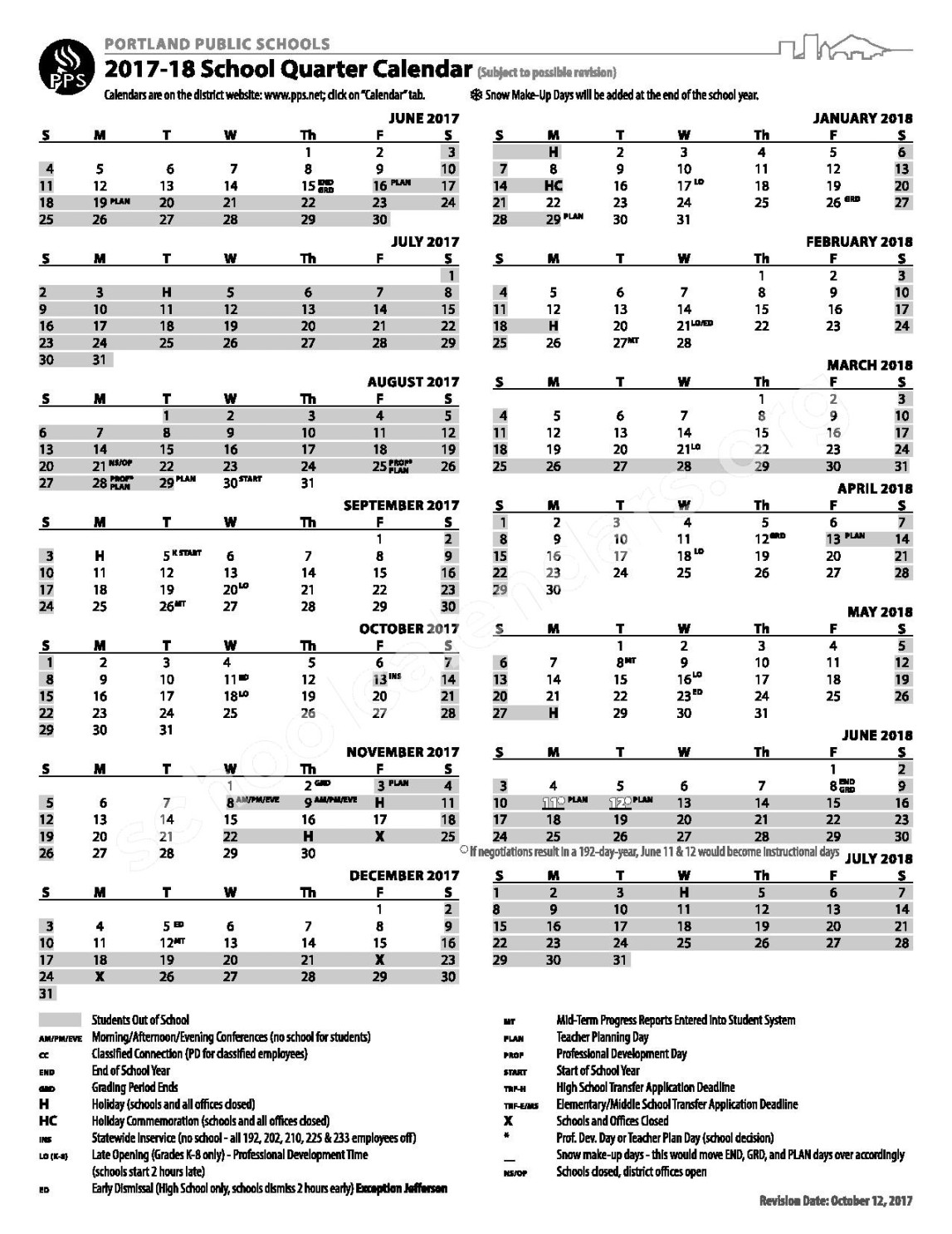 -  School Quarter Calendar  Portland Public Schools