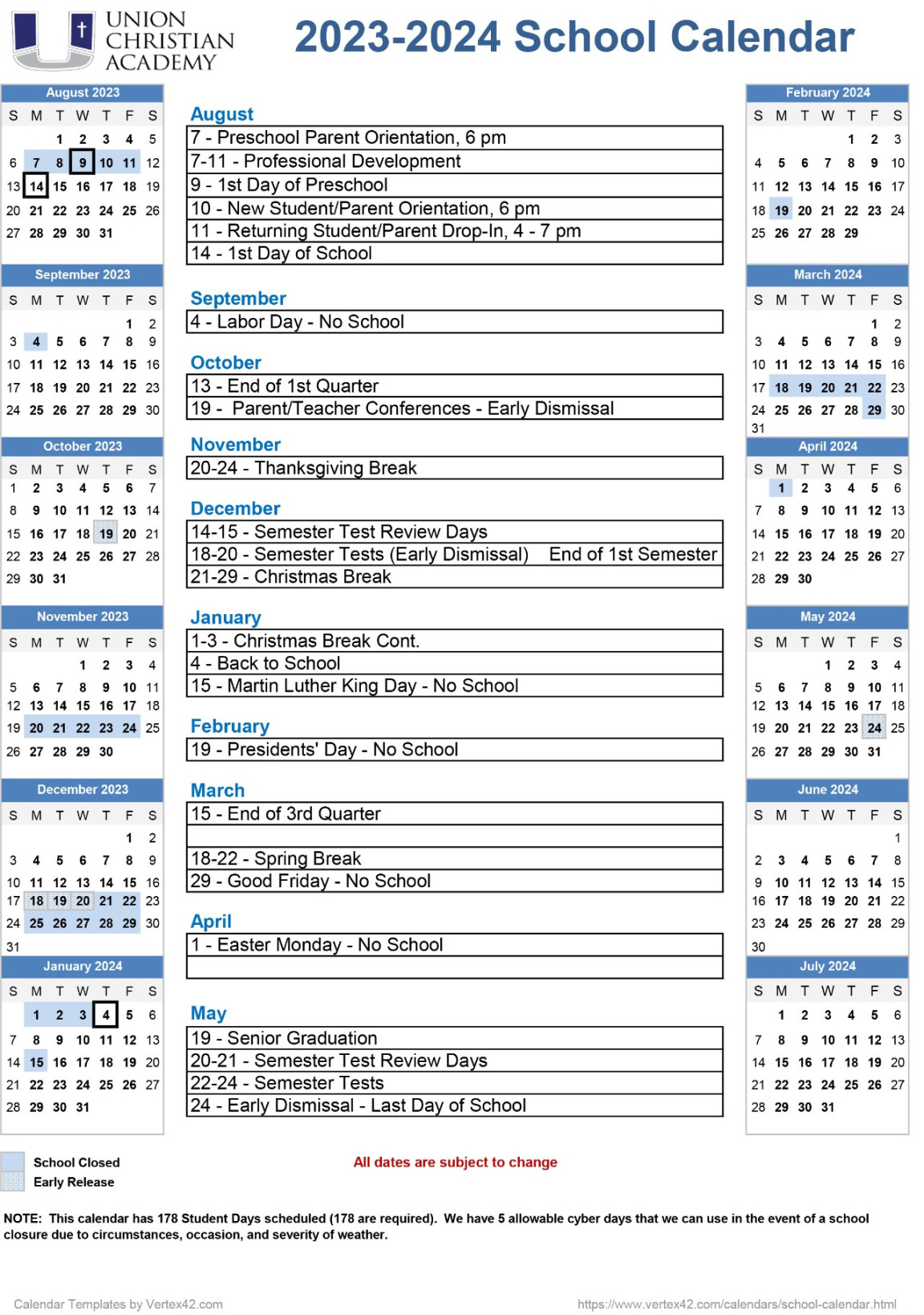 Union Christian Academy  Calendar