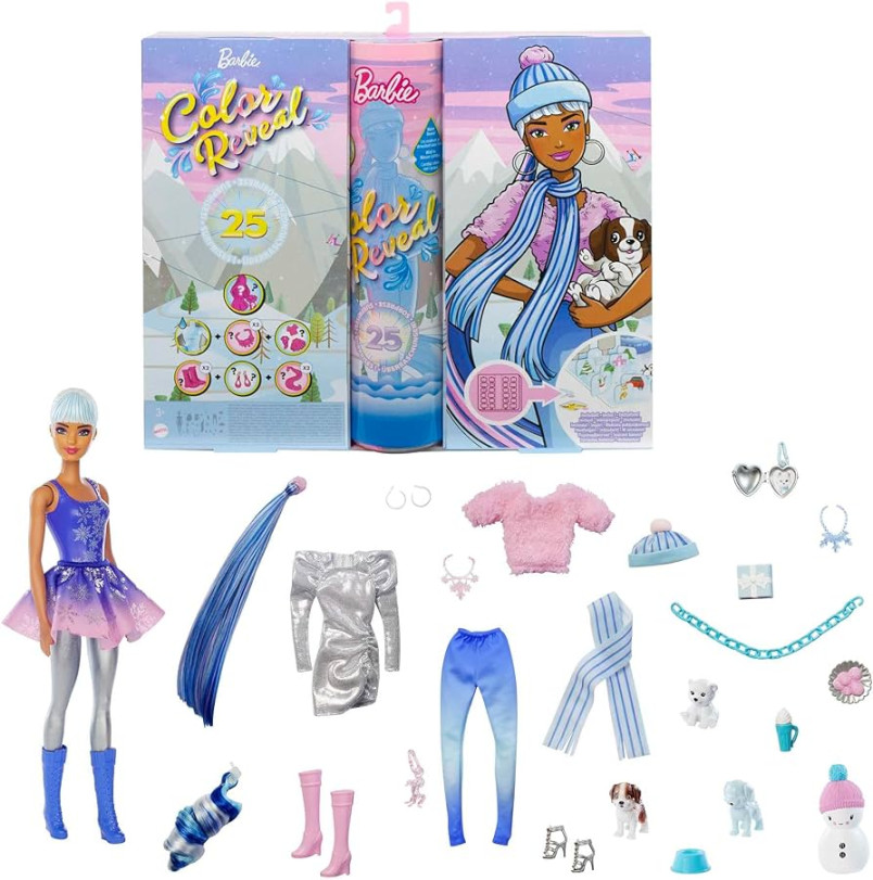 Barbie Color Reveal Advent Calendar,  Surprises Include Color Reveal  Doll,  Color Reveal Pet, Clothes, Accessories & Kid-Sized Bracelet with