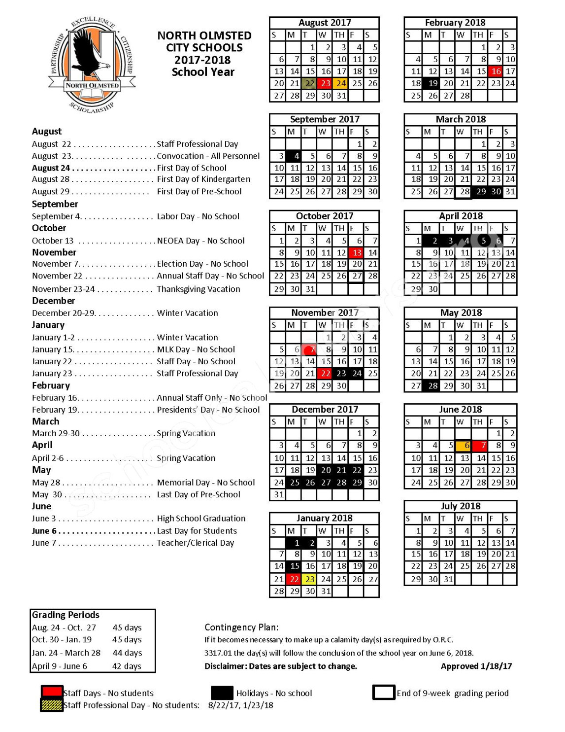 Birch Elementary School Calendars – North Olmsted, OH