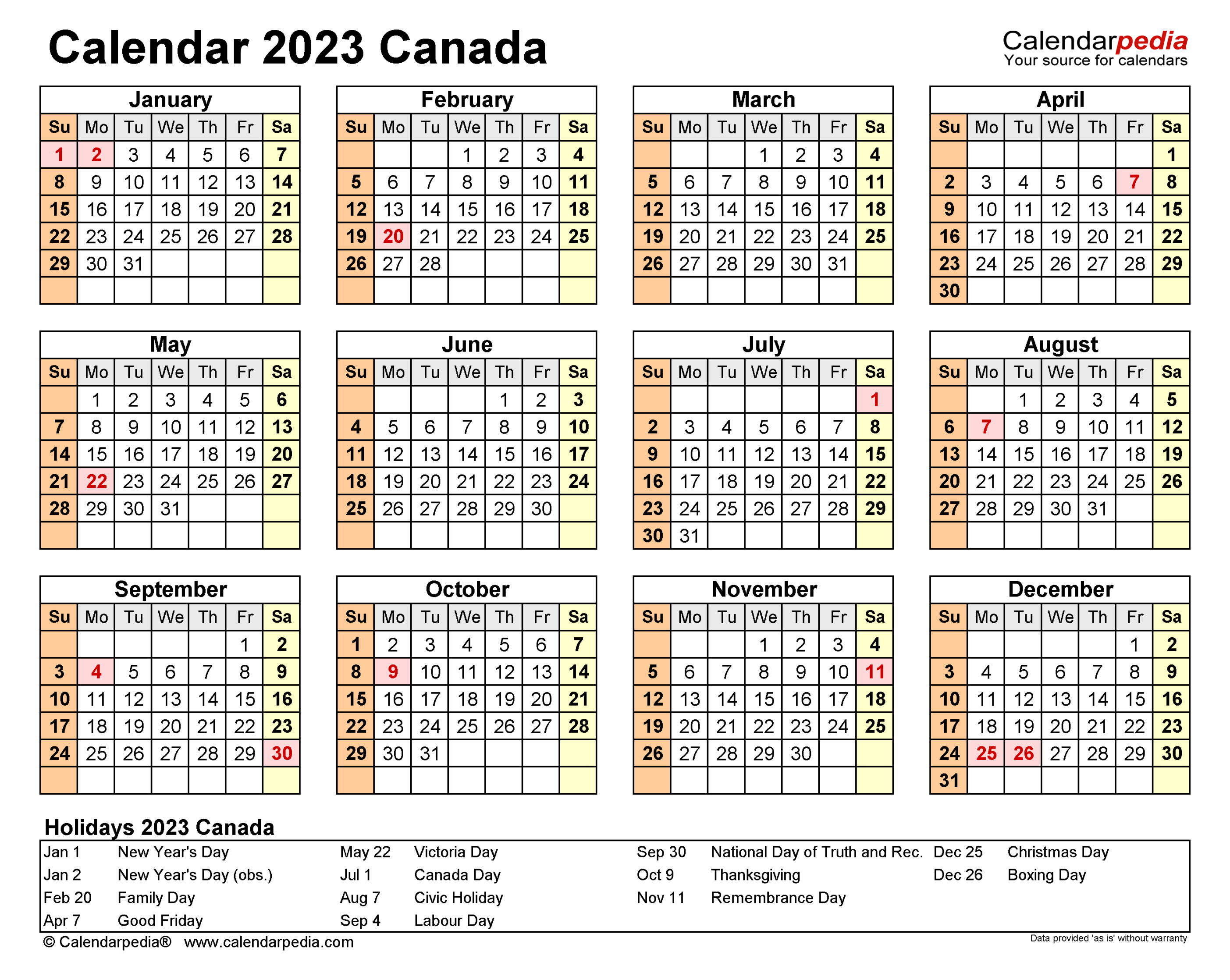 Canada Calendar  - Free Printable PDF templates