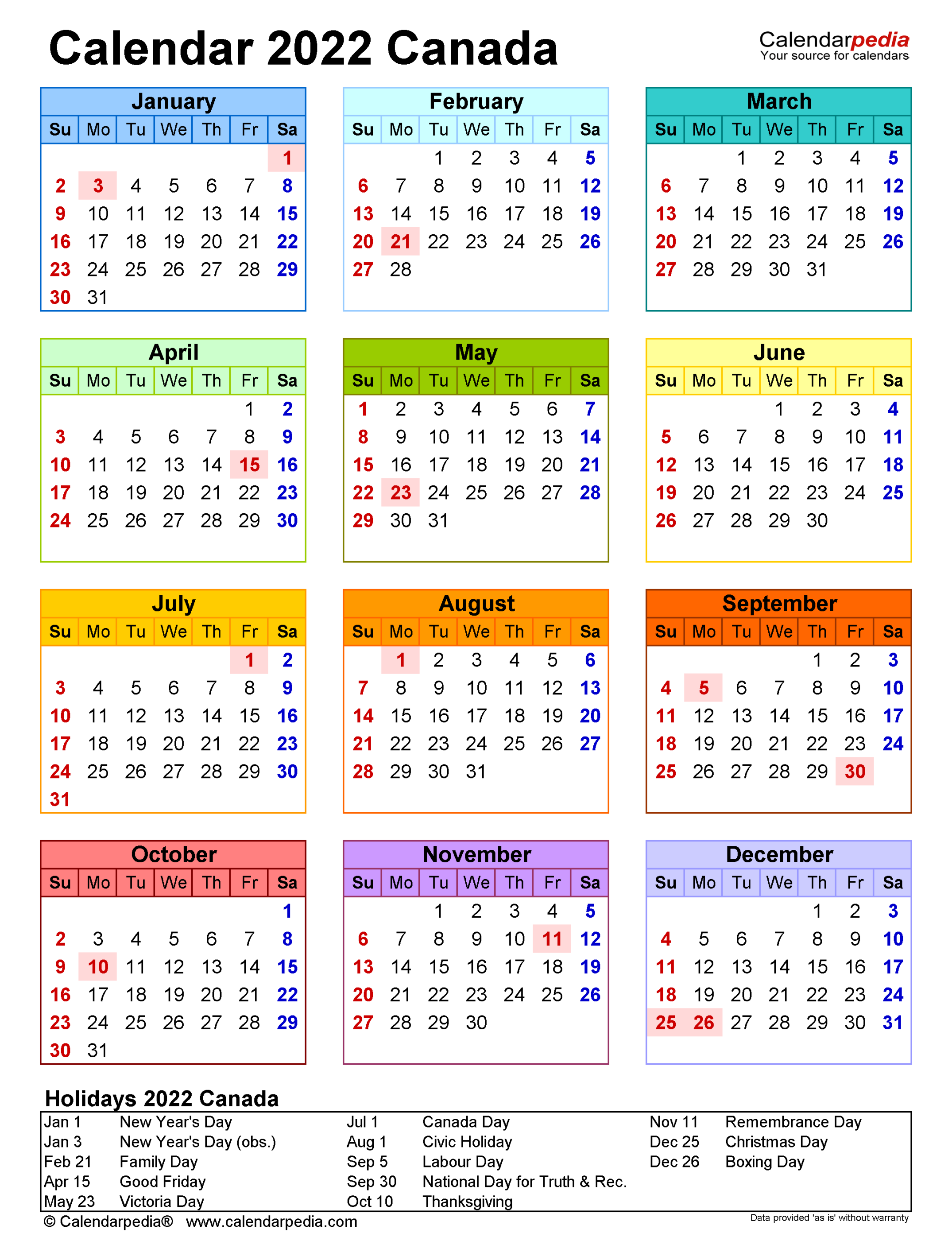 Canada Calendar  - Free Printable Word Templates