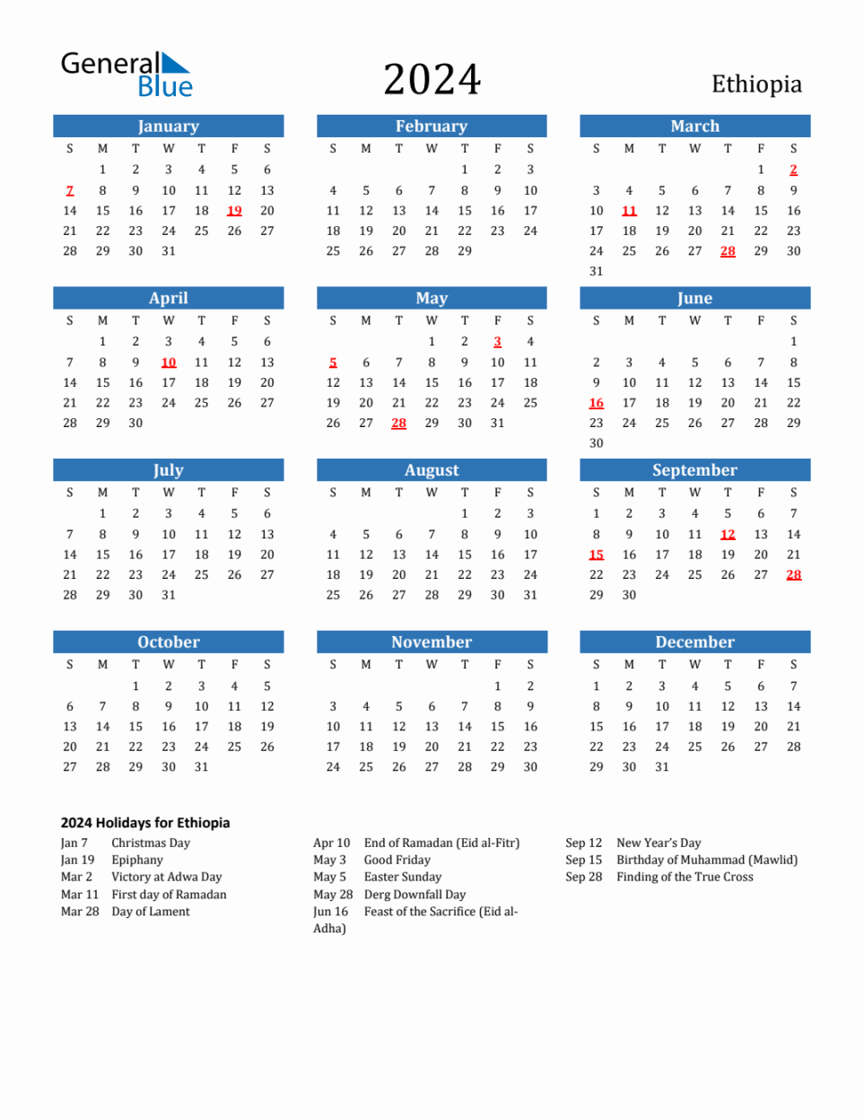 Ethiopia Calendar with Holidays