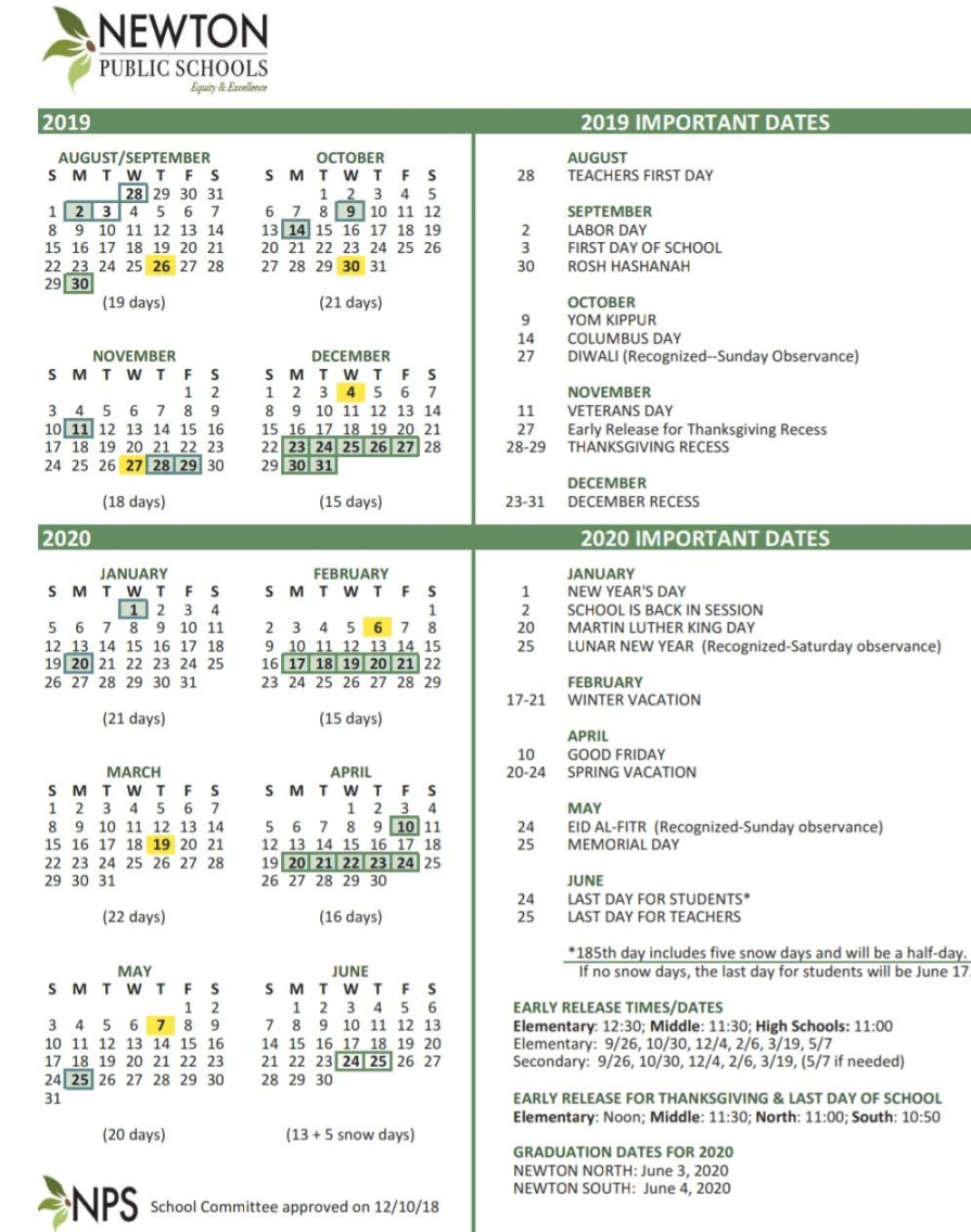 Newton School Calendar -: First Day Of School, Vacations
