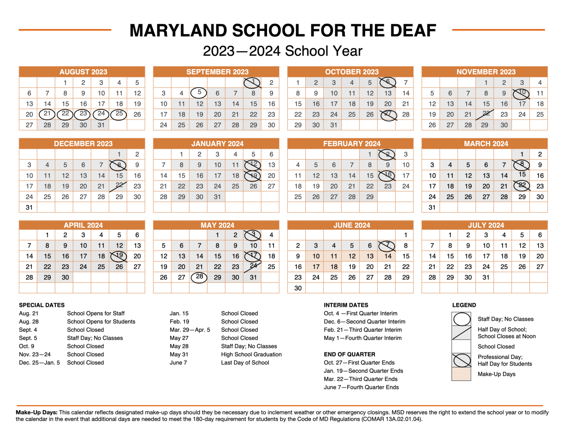 School Calendar – School Calendar – Maryland School for the Deaf