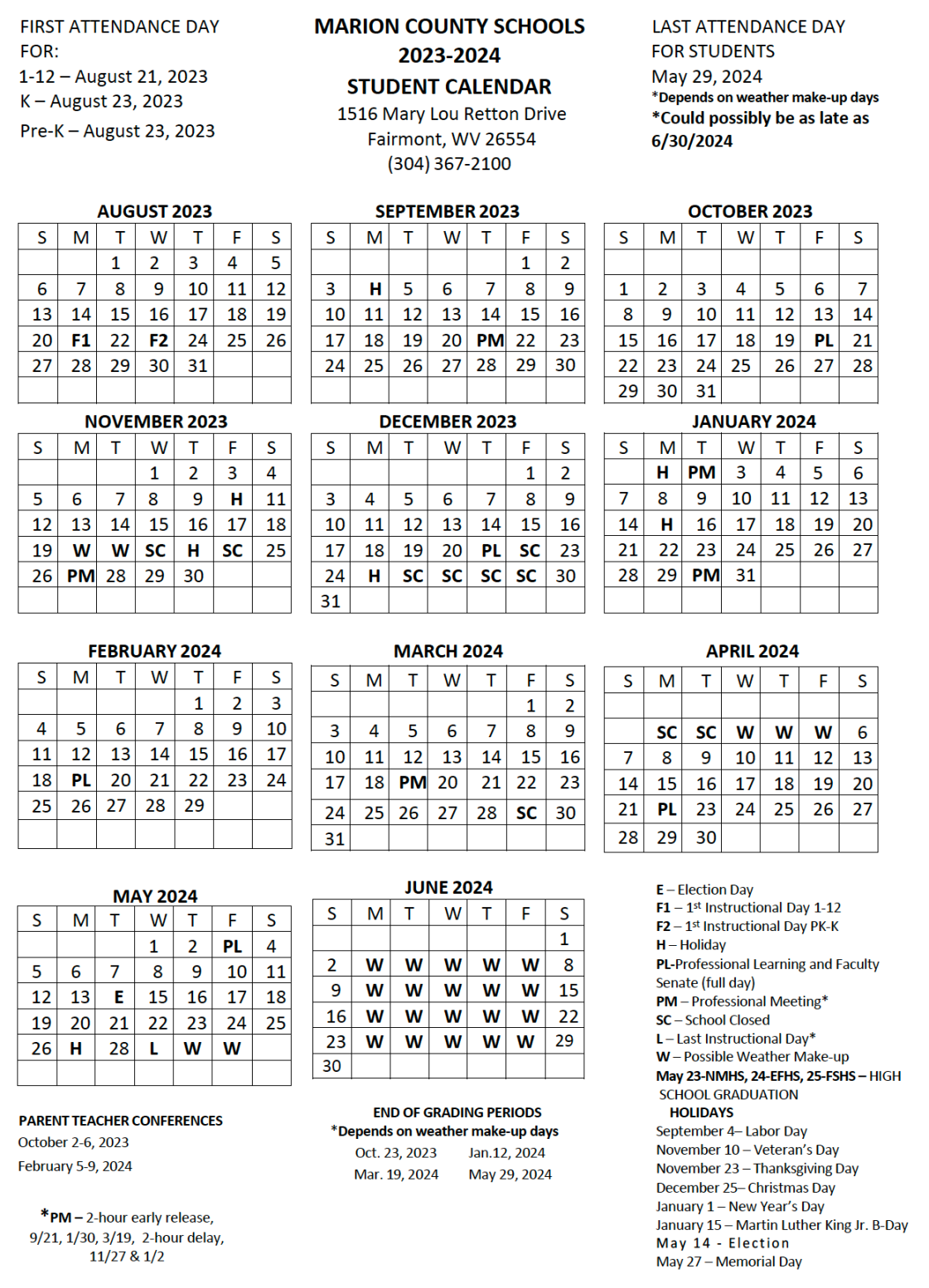Academic Calendars  Marion County Schools