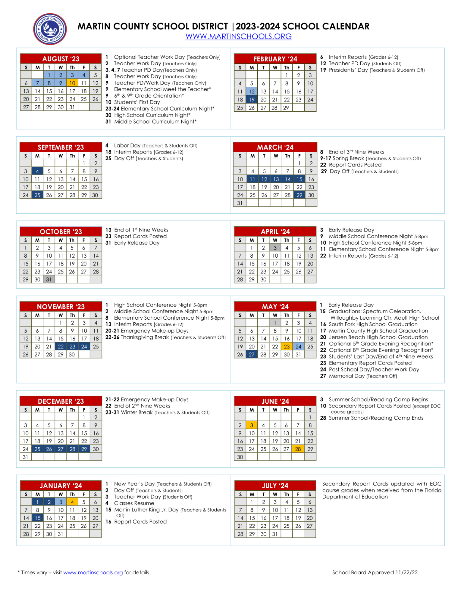 Calendars  MARTIN COUNTY SCHOOL DISTRICT