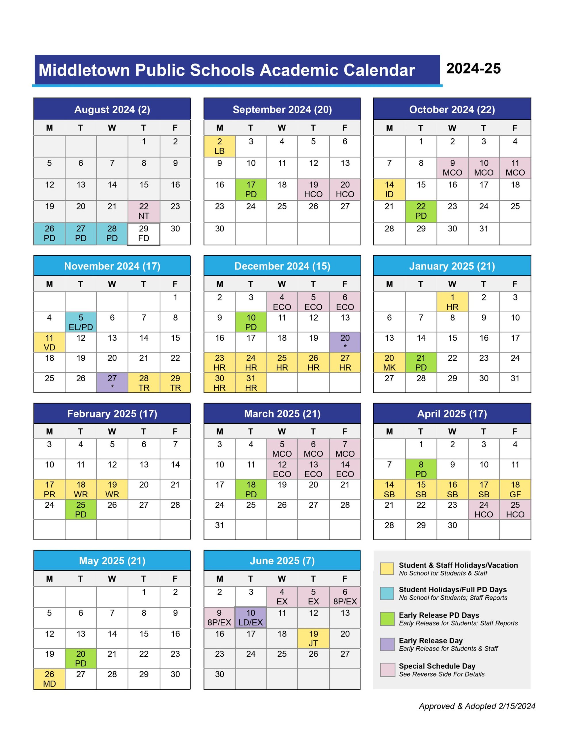 District Academic Calendar  Middletown Public Schools