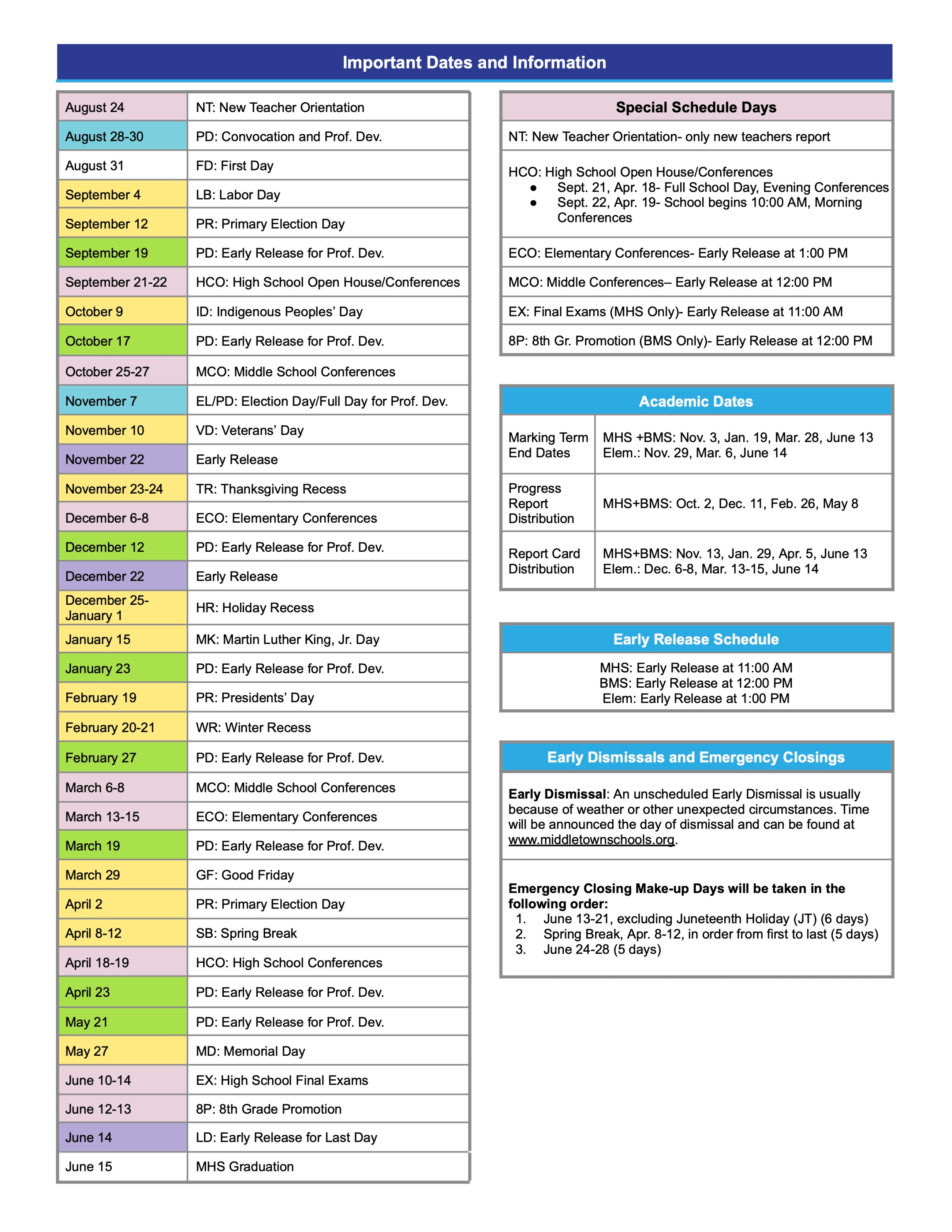 District Academic Calendar  Middletown Public Schools