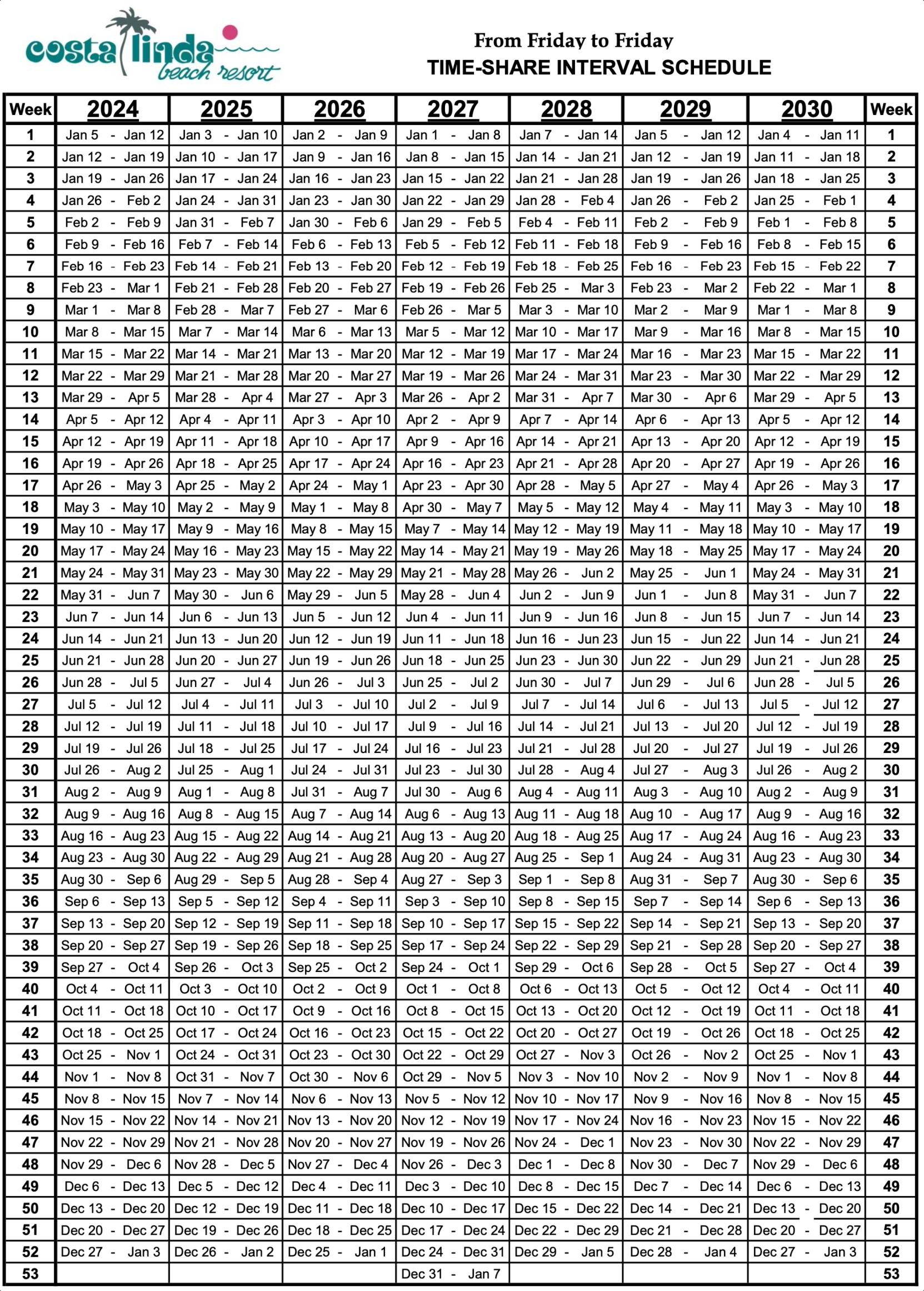 Timeshare calendar - Costa Linda Beach Resort