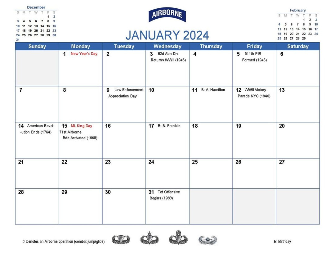 Army Airborne Wall Calendar - nd Airborne, Paratroopers  eBay