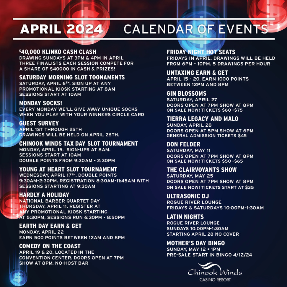 Chinook Winds Casino on X: "April  Calendar of Events