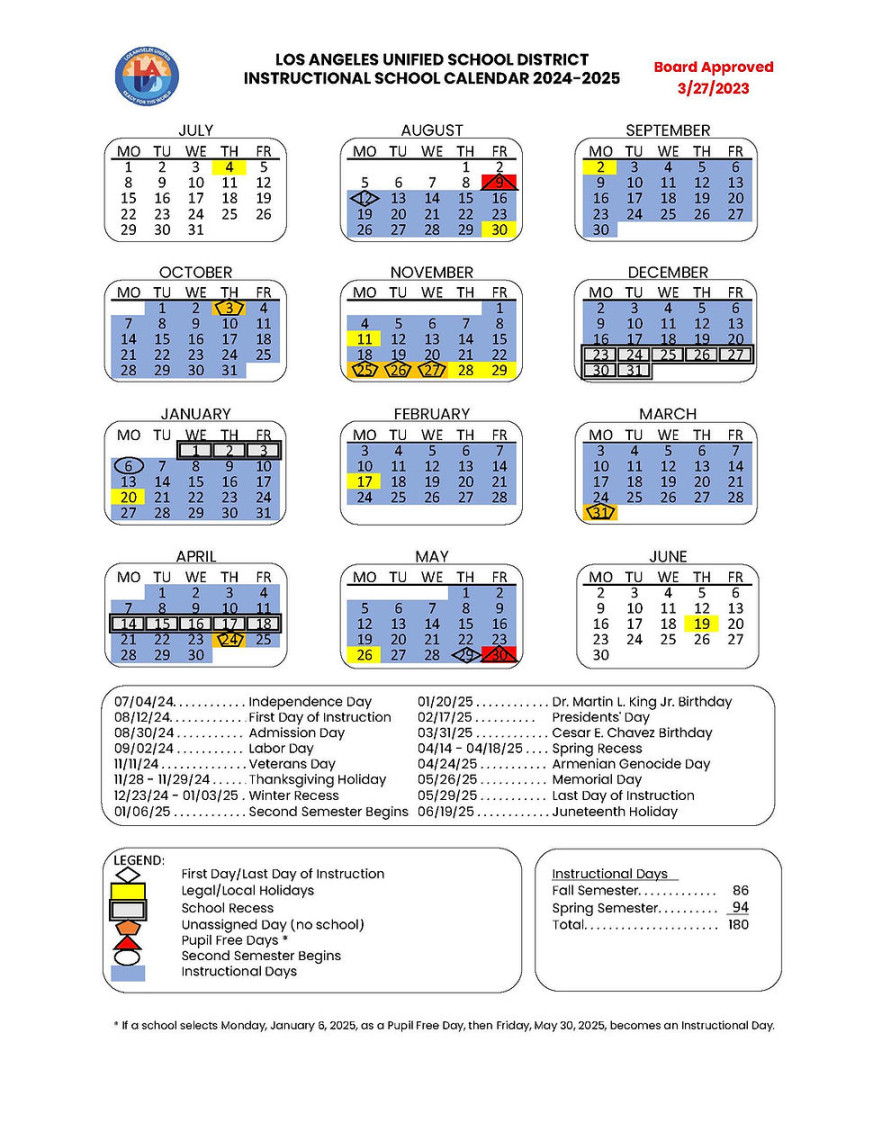 📚 LAUSD Approved Calendar For - School Year  FUN WITH