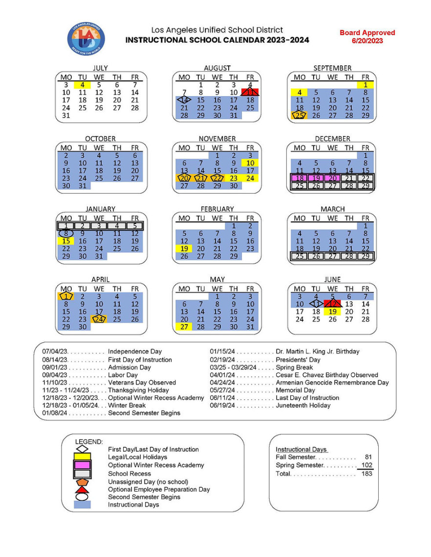 LAUSD NEW Calendar For - School Year (Approved //