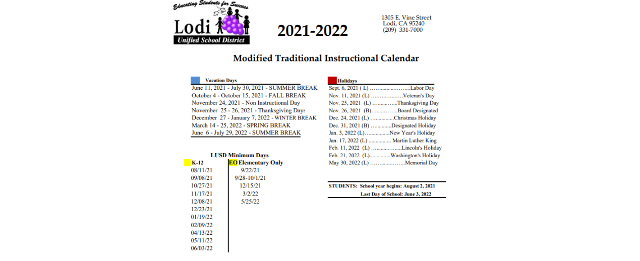 Lodi High - School District Instructional Calendar - Lodi Unified