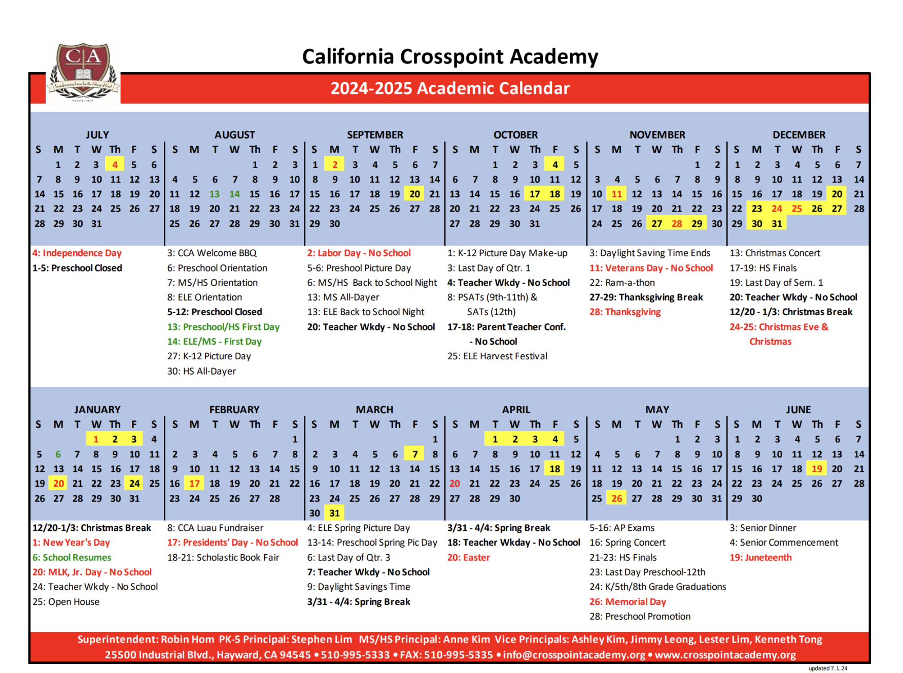 Academic Calendar - - California Crosspoint Academy