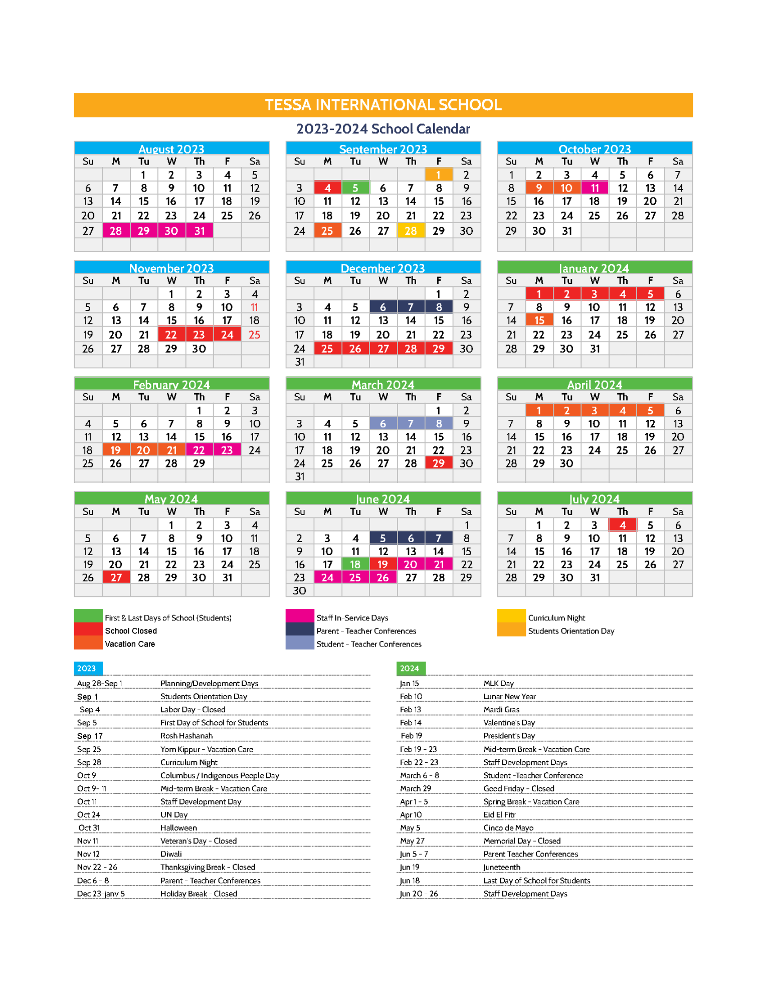 Academic Calendar - - Tessa International School