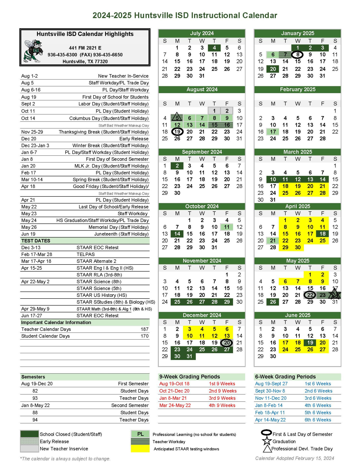 Academic School Year Calendar  Huntsville Independent School District