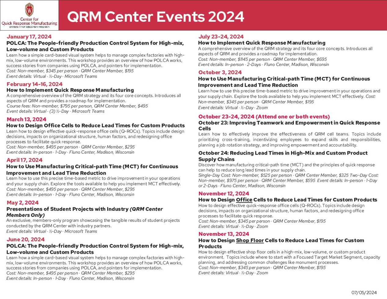 Calendar of Events – Center for Quick Response Manufacturing – UW