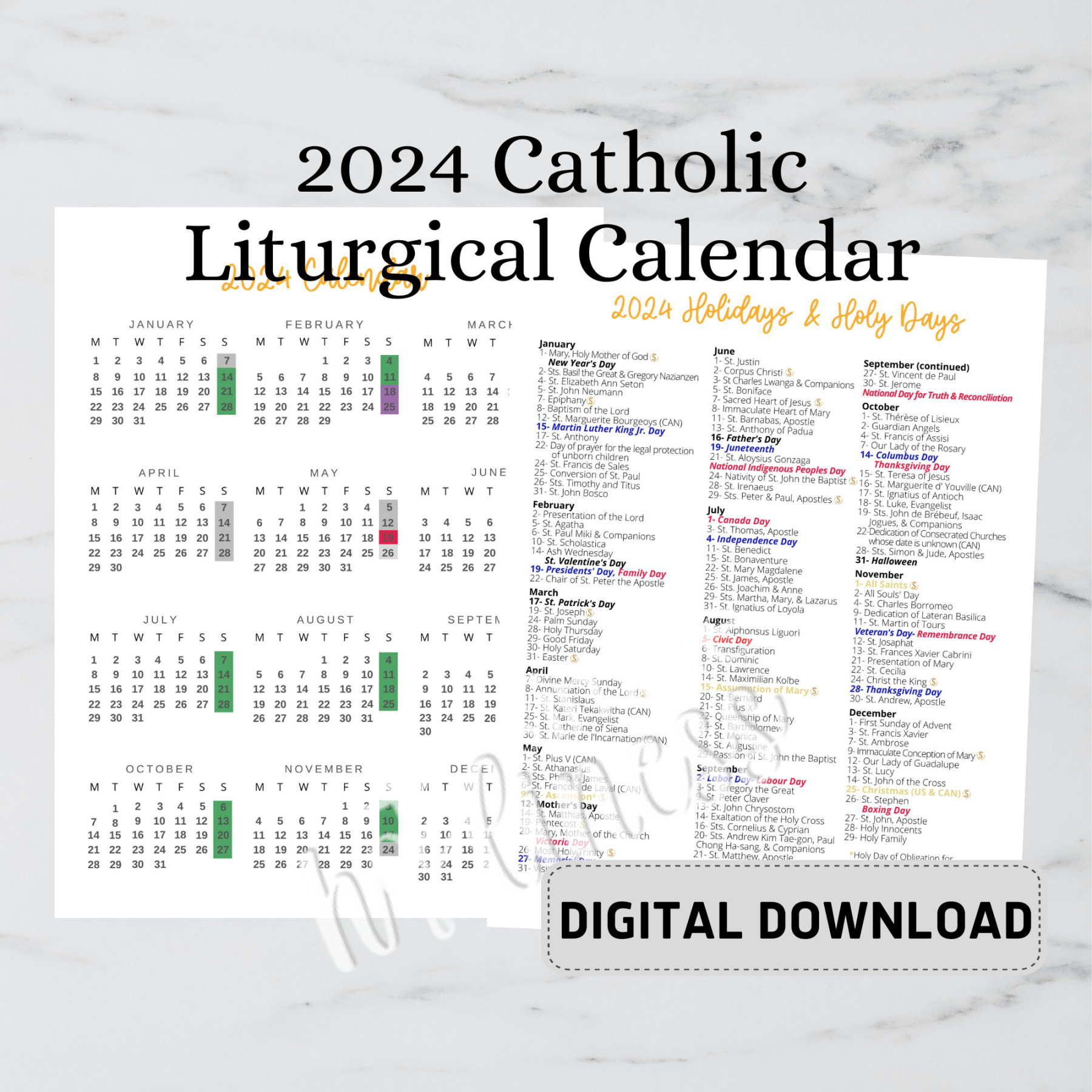 Catholic Calendar DIGITAL DOWNLOAD - Etsy Canada