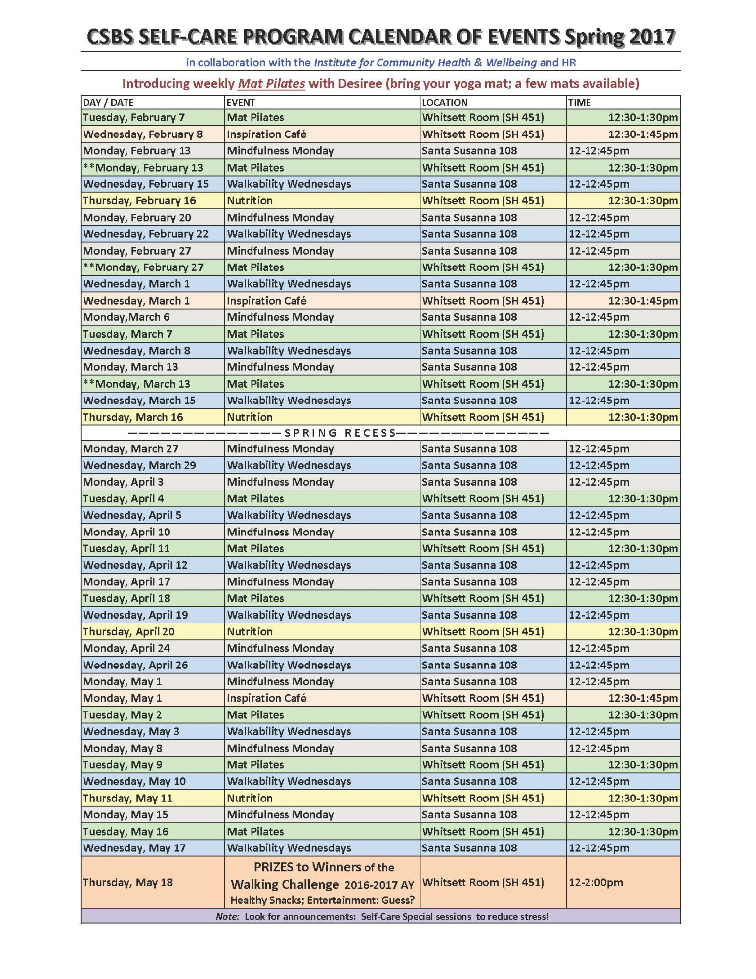 CSBS Self-Care Calendar of Events  California State University