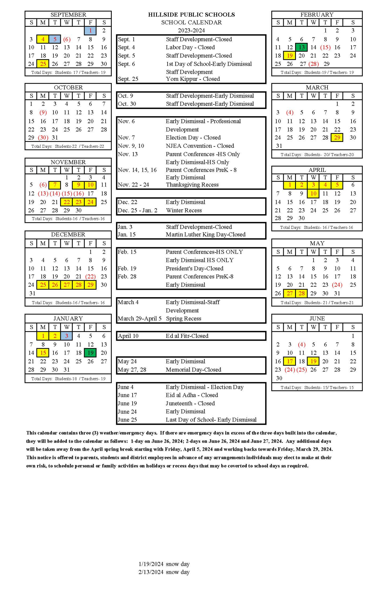 District Calendar  Hillside Public Schools