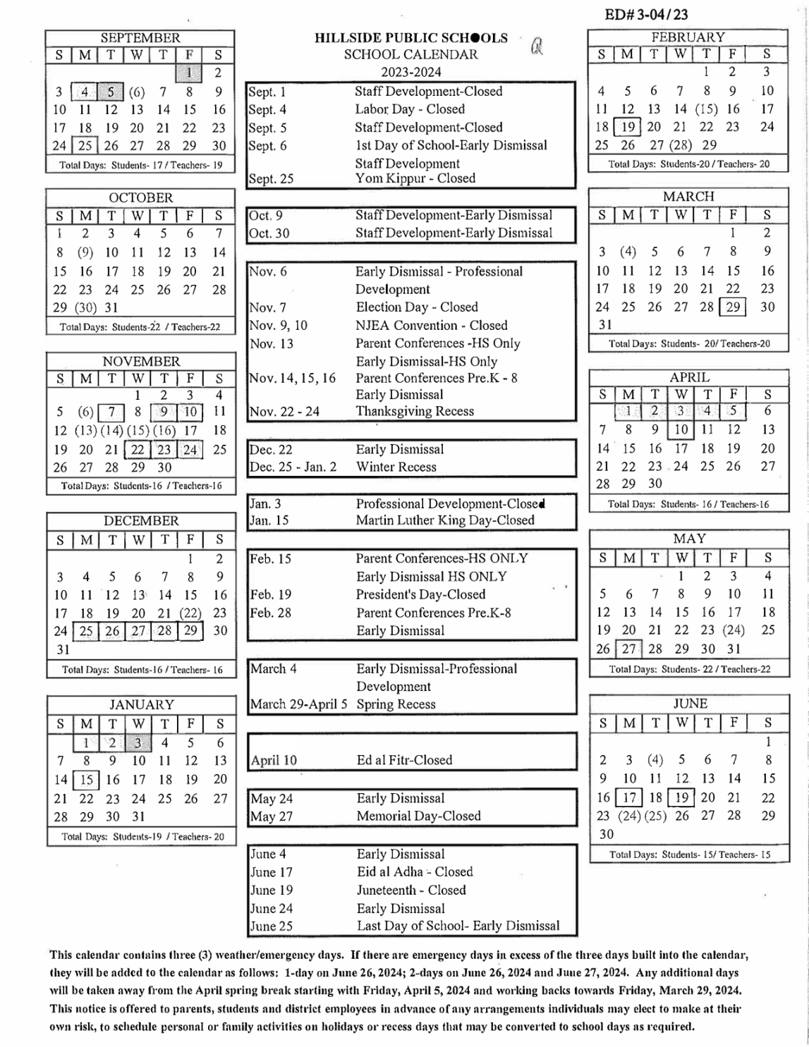 District Calendar  Walter O