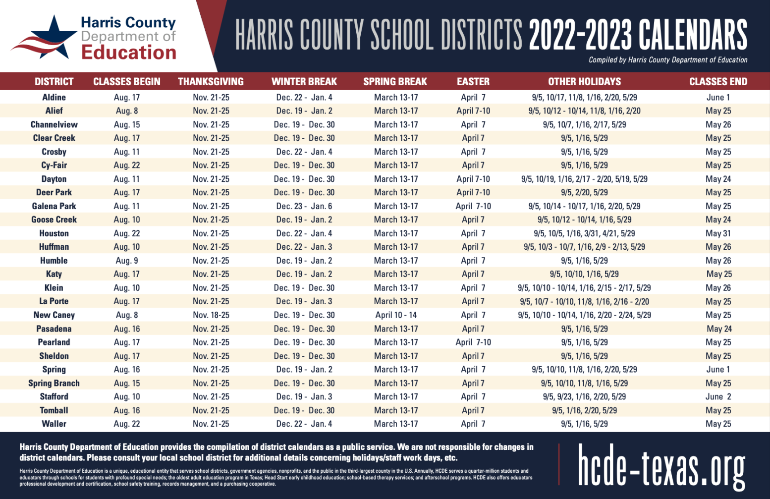 HCDE releases - comprehensive school calendar for