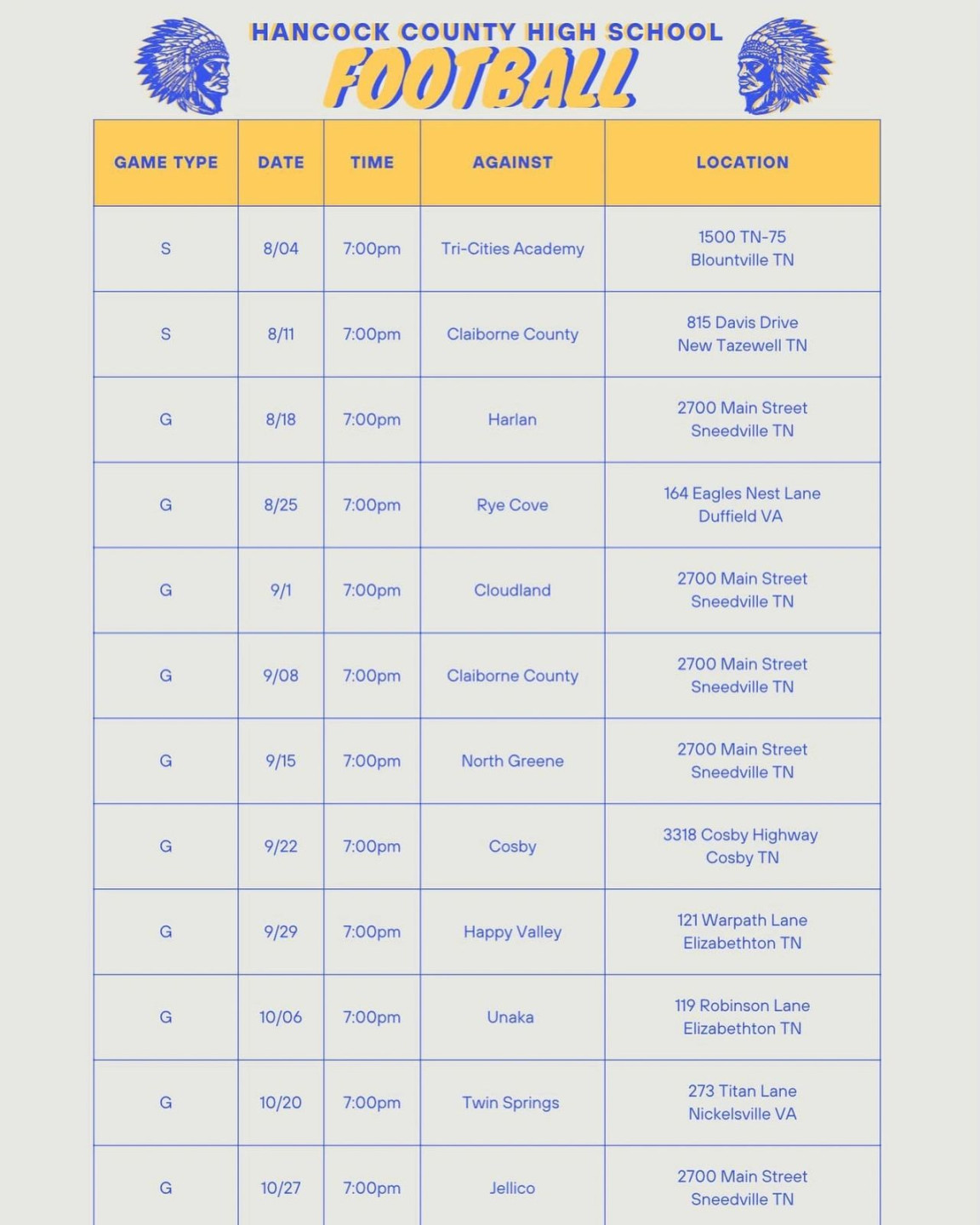 HCHS Football Schedule