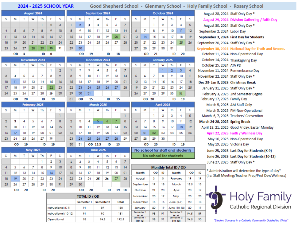 HFCRD - School Year Calendars Released - Holy Family