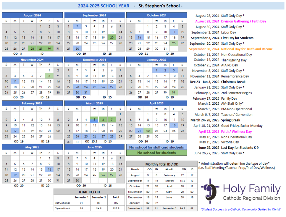 HFCRD - School Year Calendars Released - Holy Family