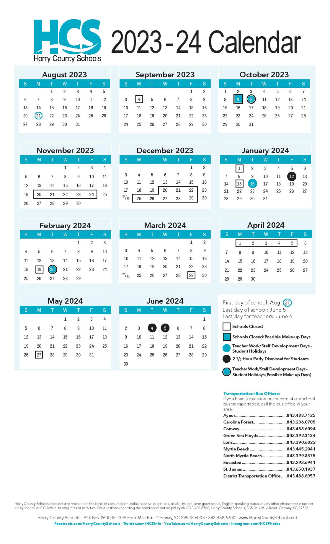 Horry County Schools Calendar  with Holidays