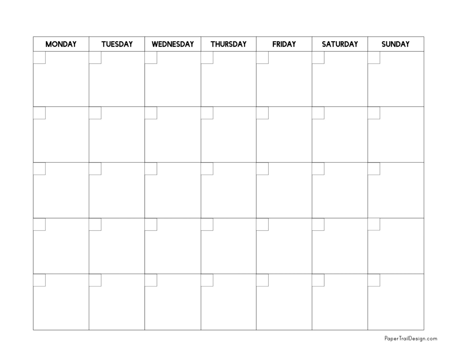 Monday Start Blank Calendar Template - Paper Trail Design