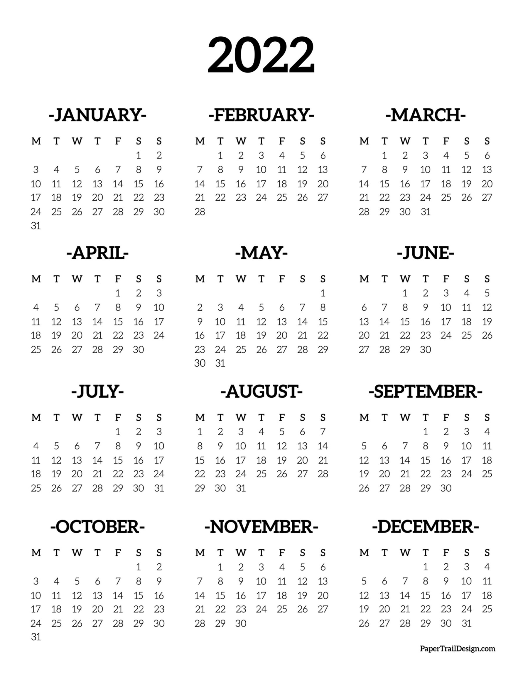 Monday Start Calendar- One Page - Paper Trail Design