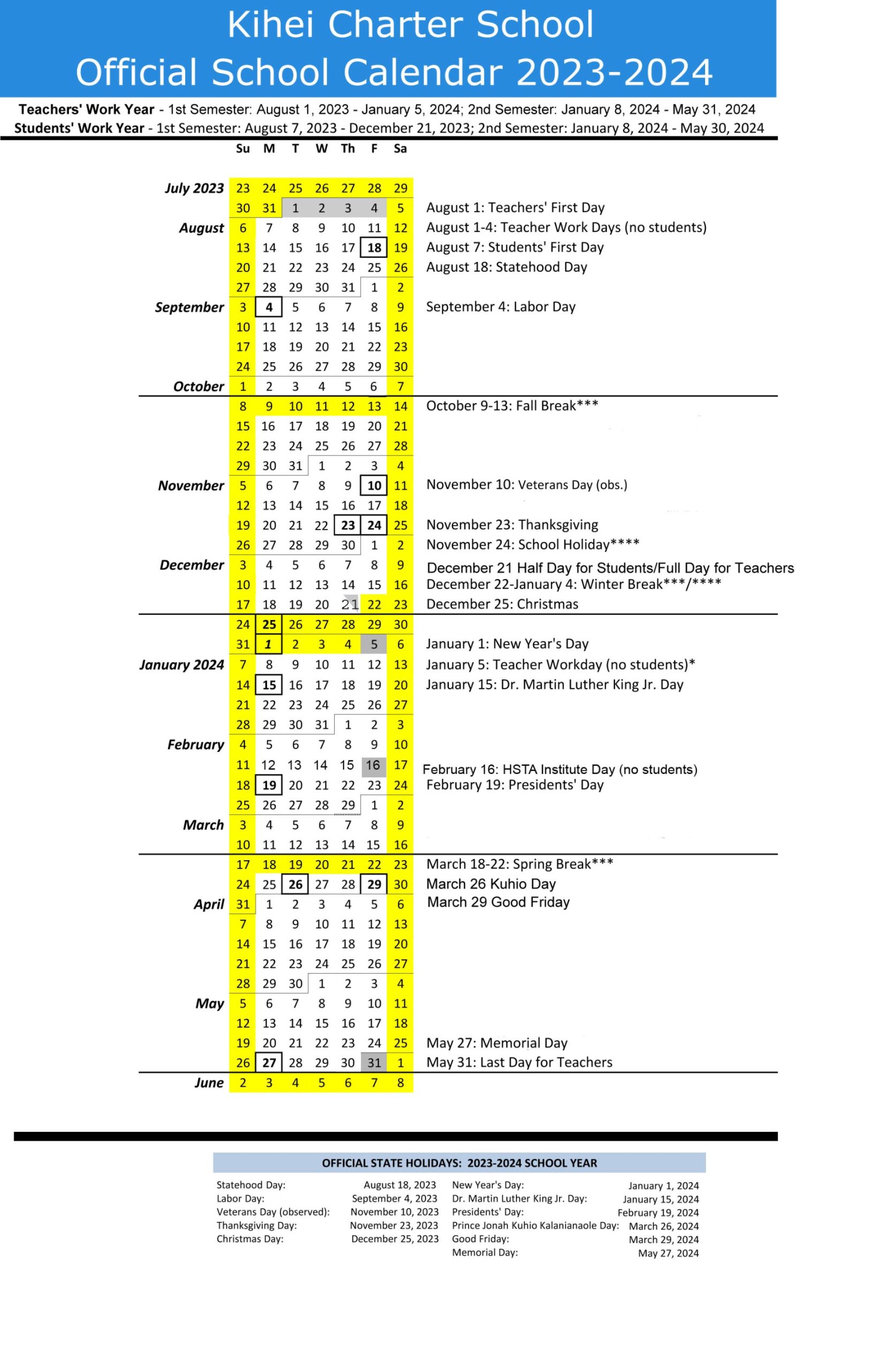 SY - Calendar  Kihei Charter