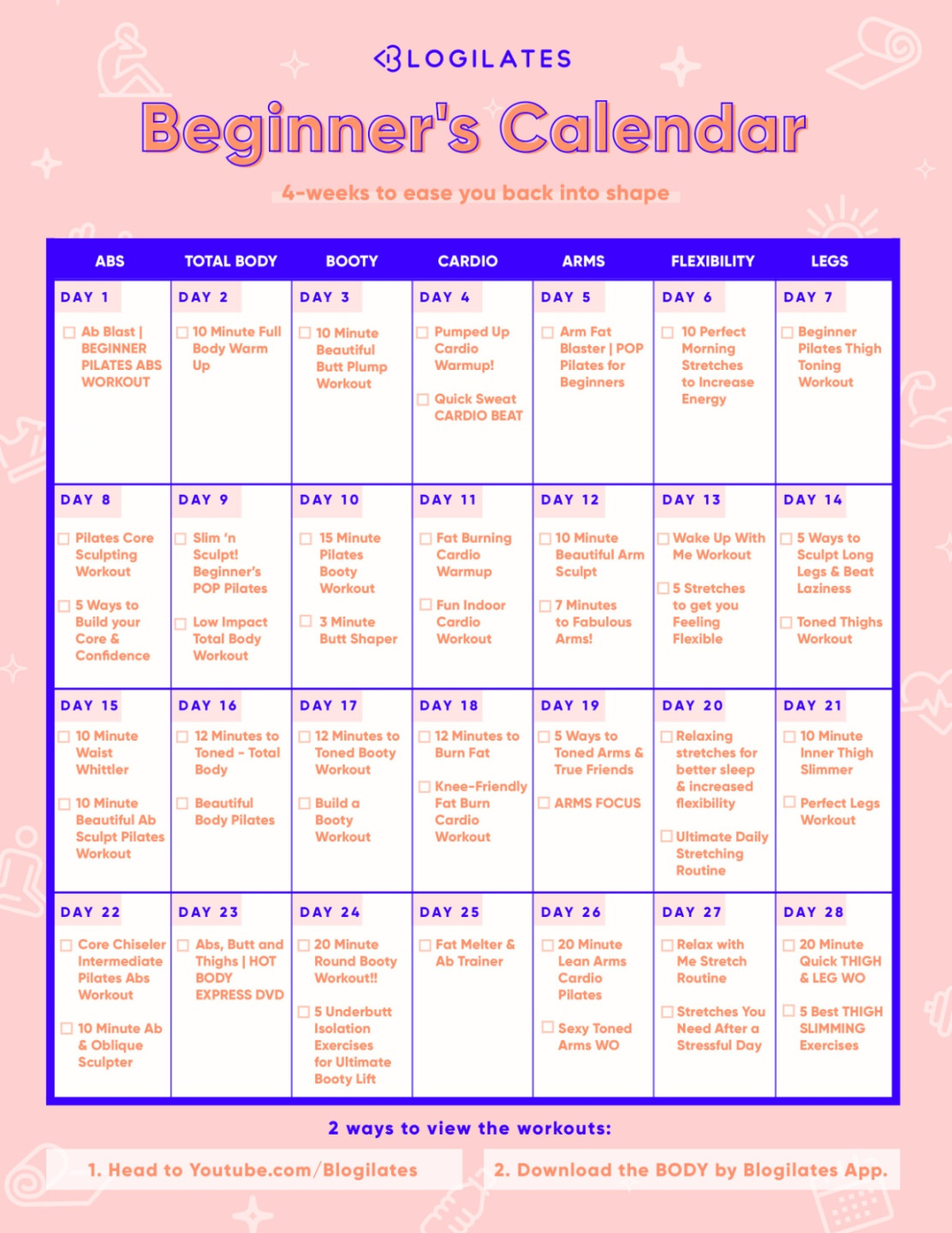 A -Day Workout Calendar for Beginners! - Blogilates