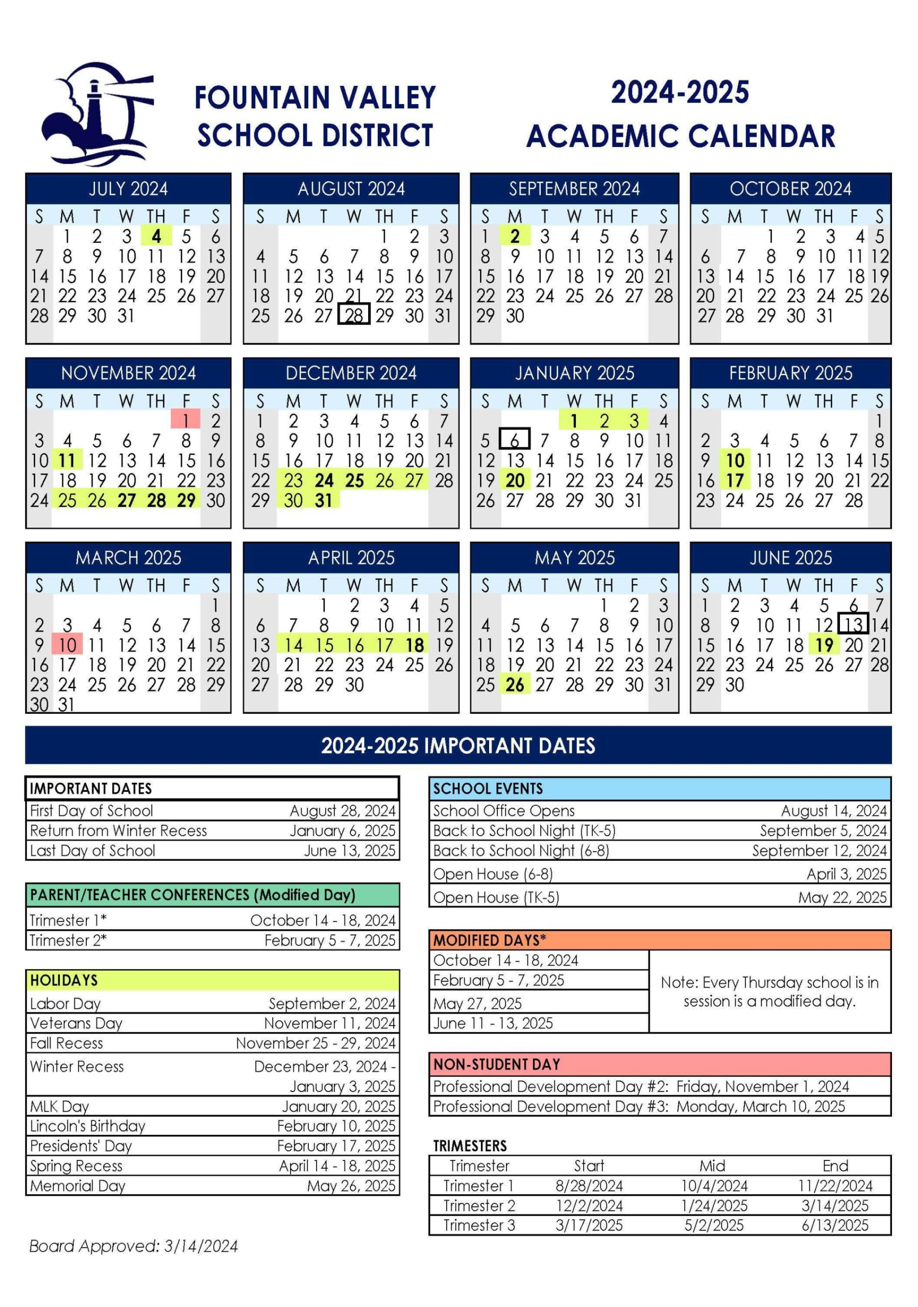 - Academic Calendar Approved at the February ,  Board
