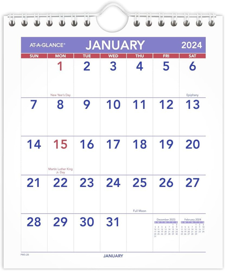 AT-A-GLANCE  Wall Calendar, -/" x -/", Mini, Unruled Blocks,  Spiral Bound, Monthly (PM584)