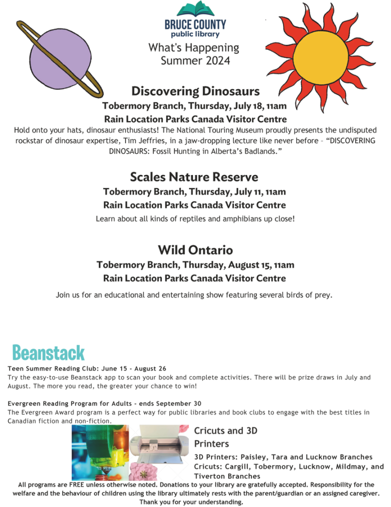 Bruce County Libraries - July & August Events  Municipality of