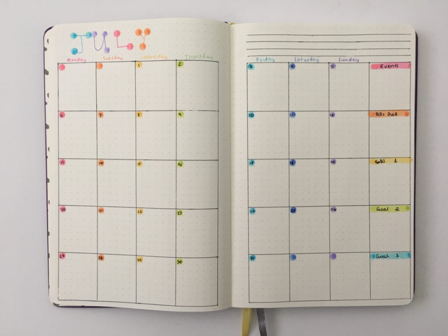 Bullet Journal Monthly Calendar Spreads