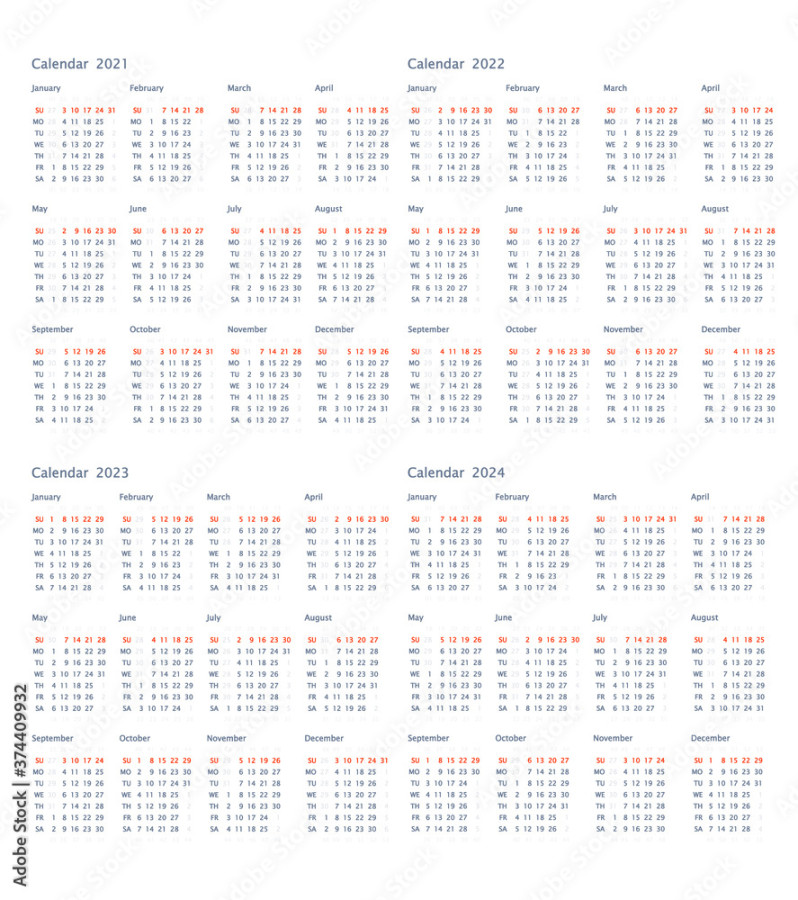 Calendar from  to  years template Stock Vector  Adobe Stock